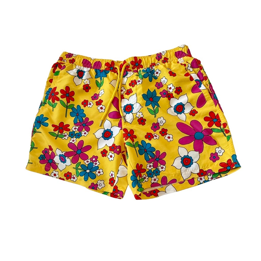 Forever 21 Mens Large Floral Swim Trunks Yellow Retro Flower Summer Vacation
